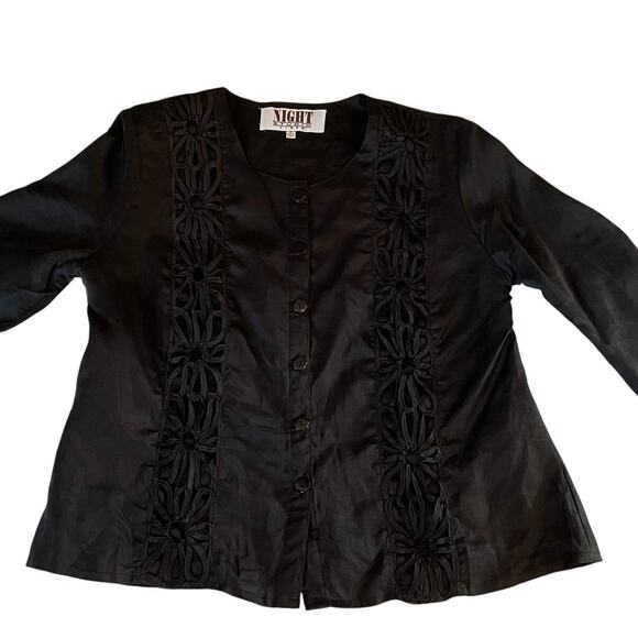 Night Studio Black Linen Floral Embroidered 3/4 Sleeve Blazer, Size 18 - Picture 5 of 13